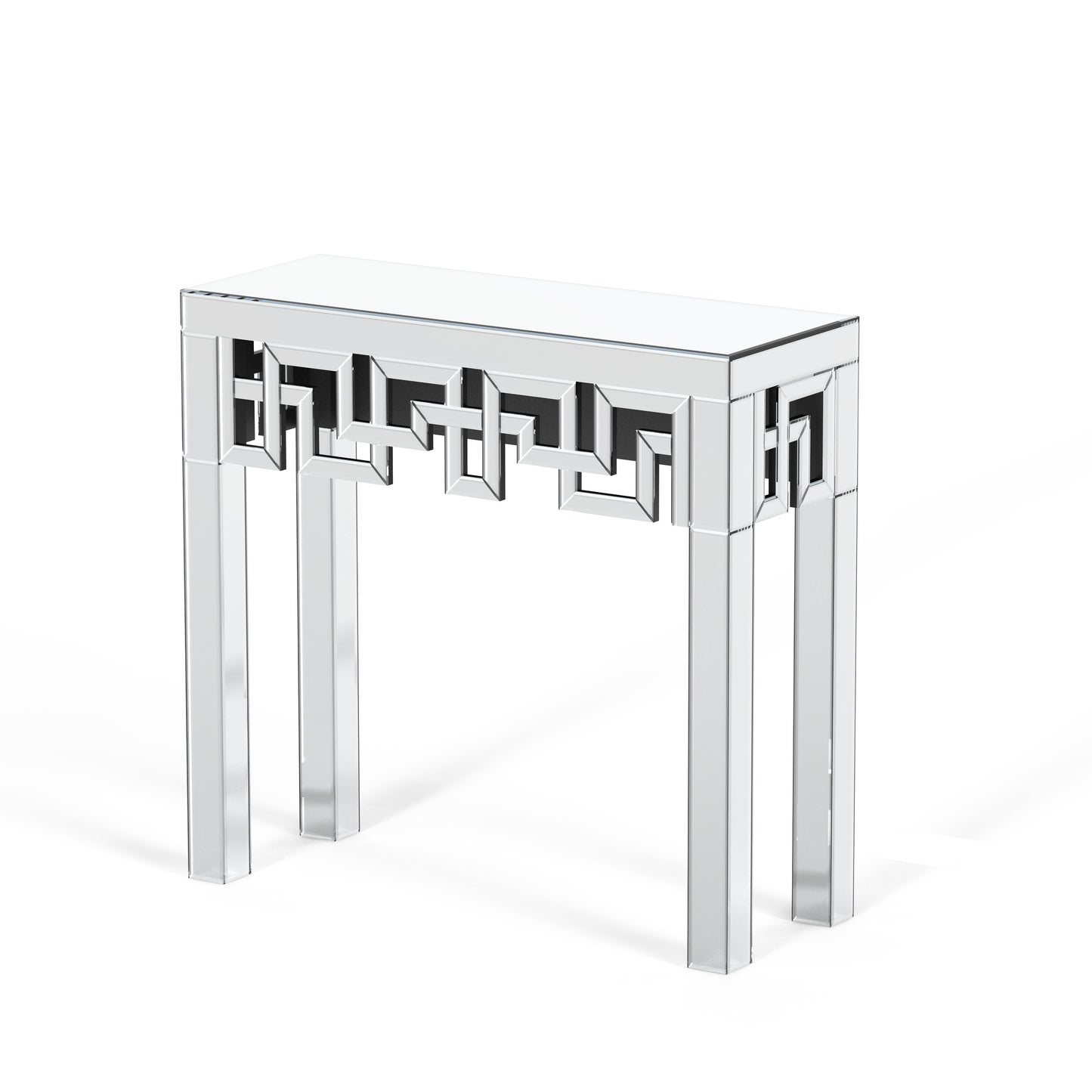 31" Silver Mirrored Glass Geo Pattern Console Table-3