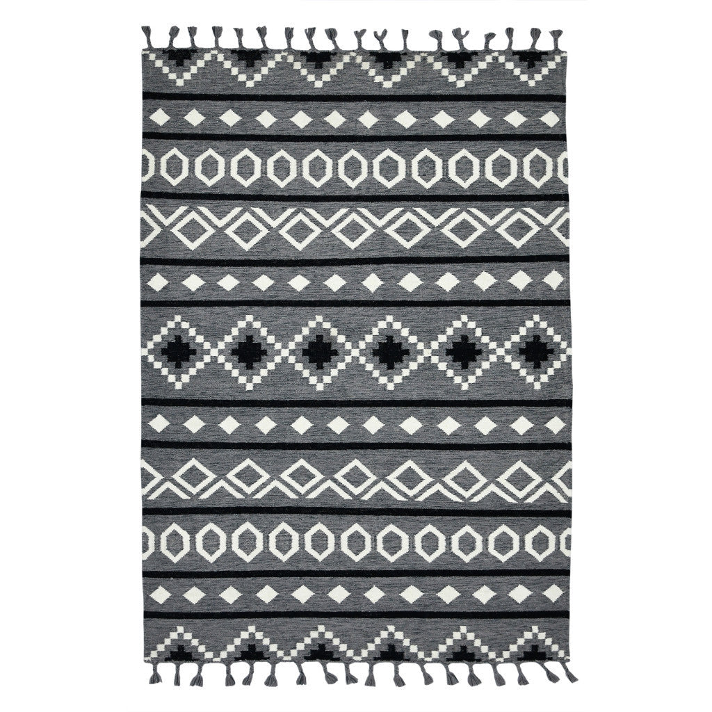 5' X 8' Gray White And Black Wool Tribal Flatweave Handmade Area Rug With Fringe-3