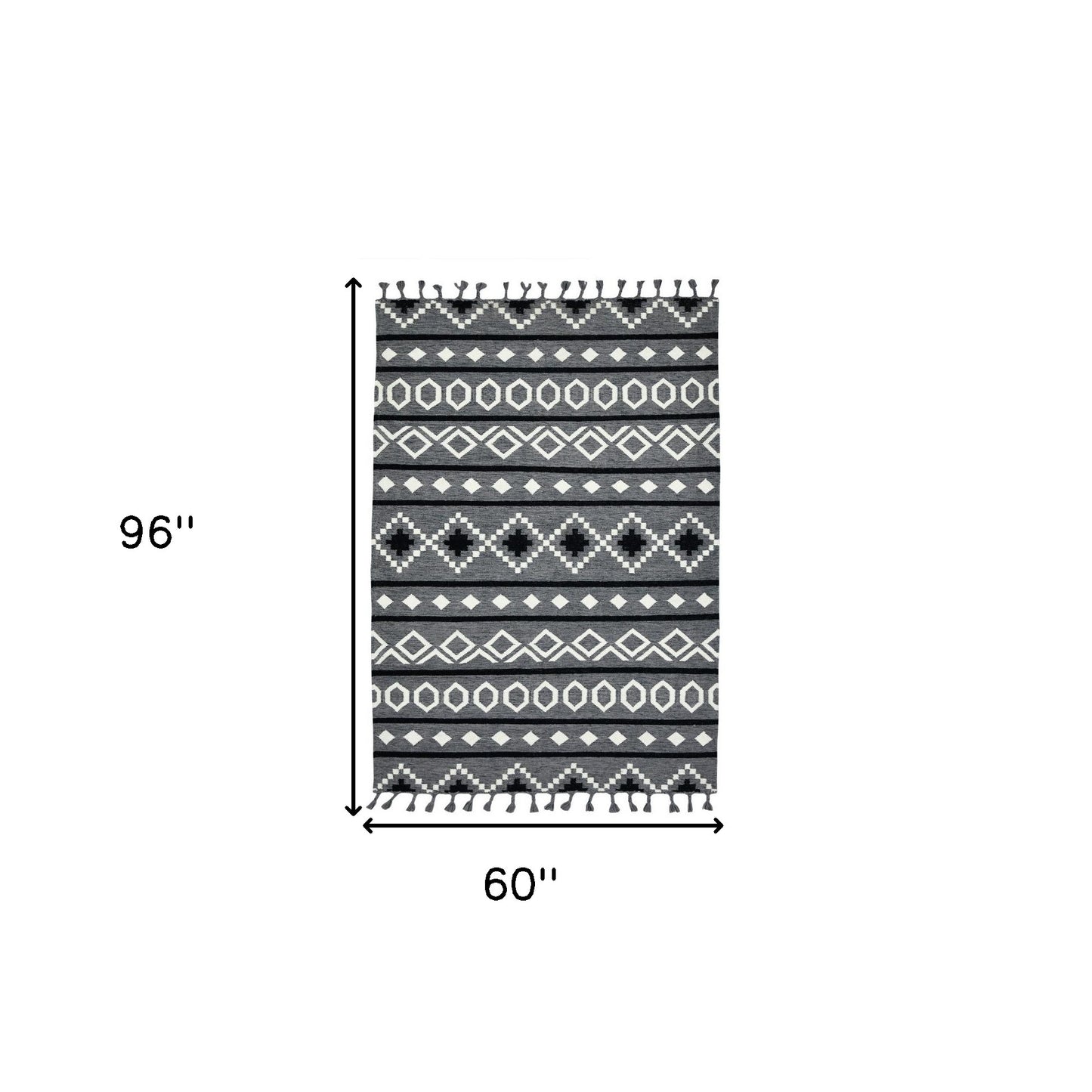 5' X 8' Gray White And Black Wool Tribal Flatweave Handmade Area Rug With Fringe-2