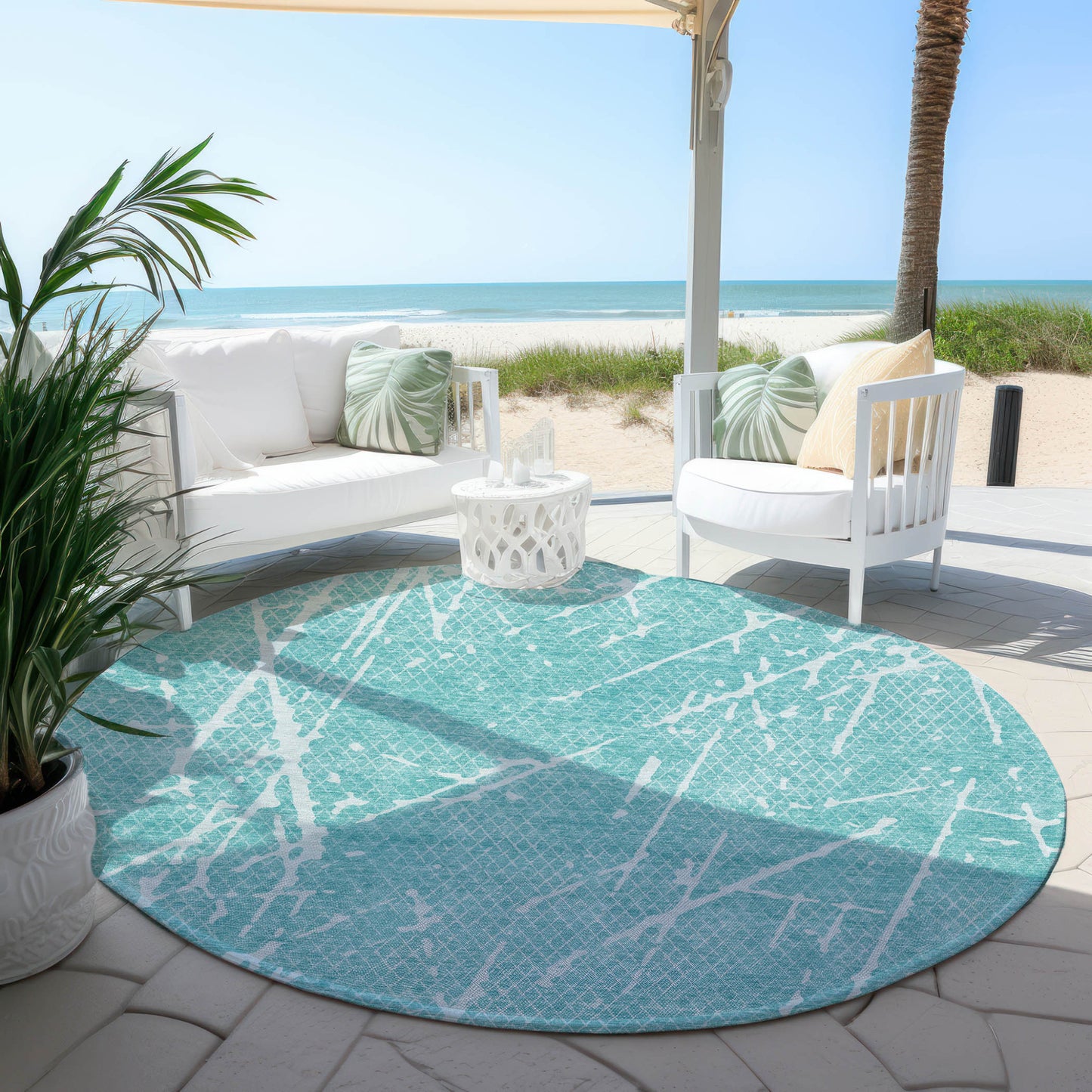8' Teal Blue And Ivory Round Abstract Washable Indoor Outdoor Area Rug-4