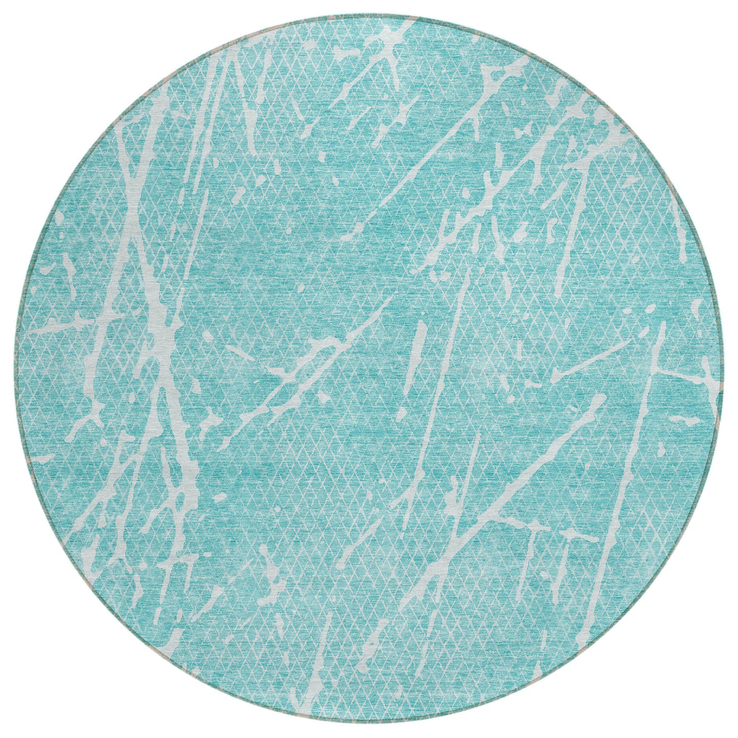 8' Teal Blue And Ivory Round Abstract Washable Indoor Outdoor Area Rug-1