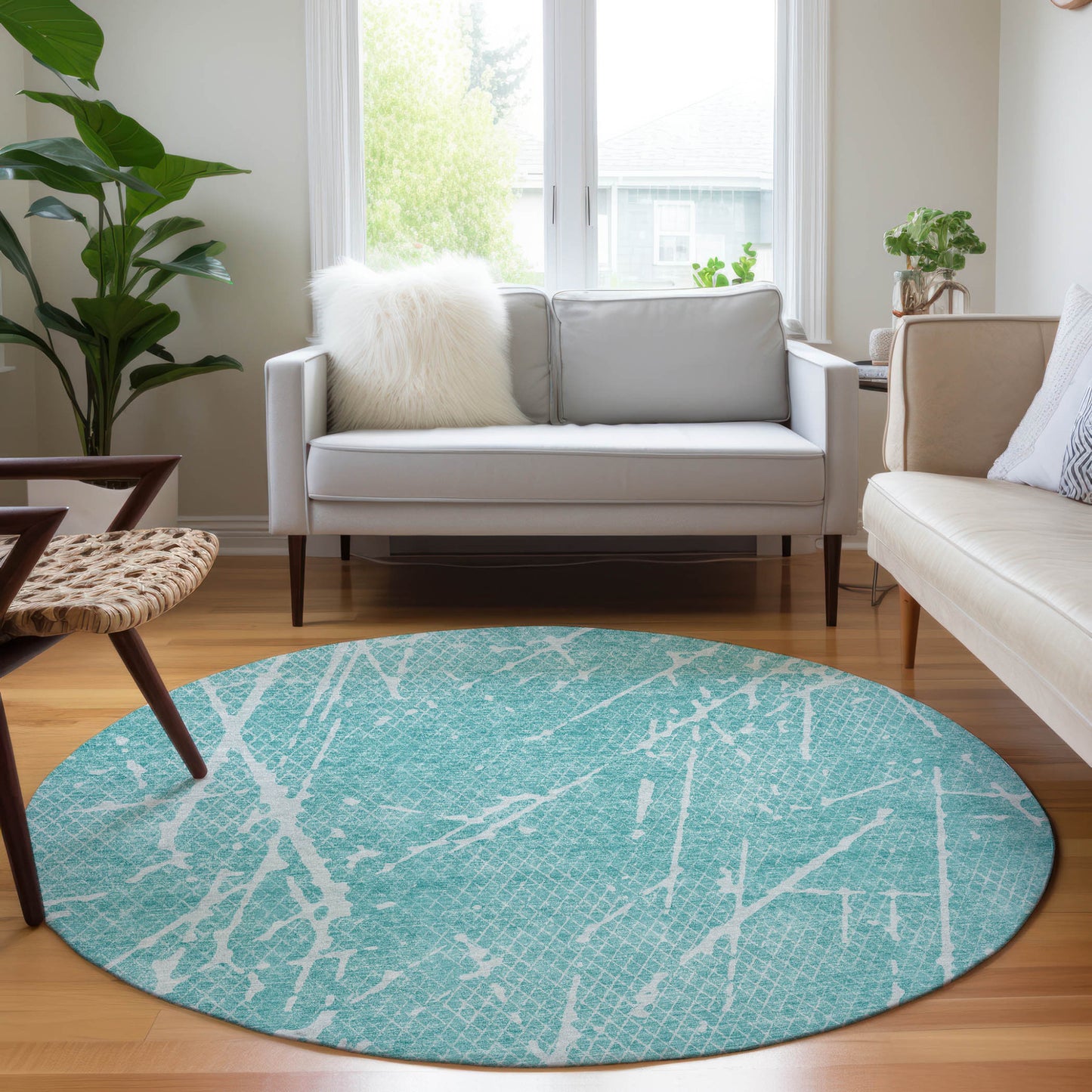 8' Teal Blue And Ivory Round Abstract Washable Indoor Outdoor Area Rug-5