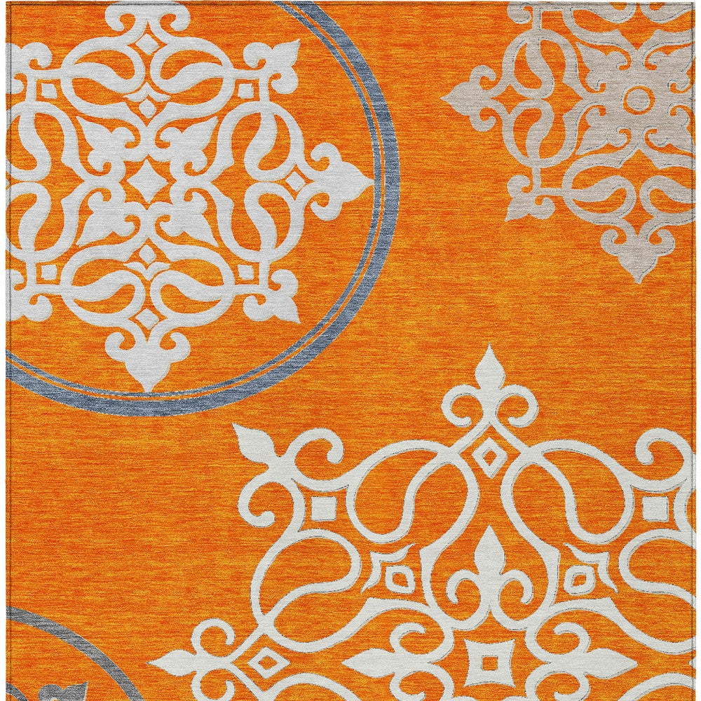 5' X 8' Orange Gray And Ivory Floral Medallion Washable Indoor Outdoor Area Rug-4