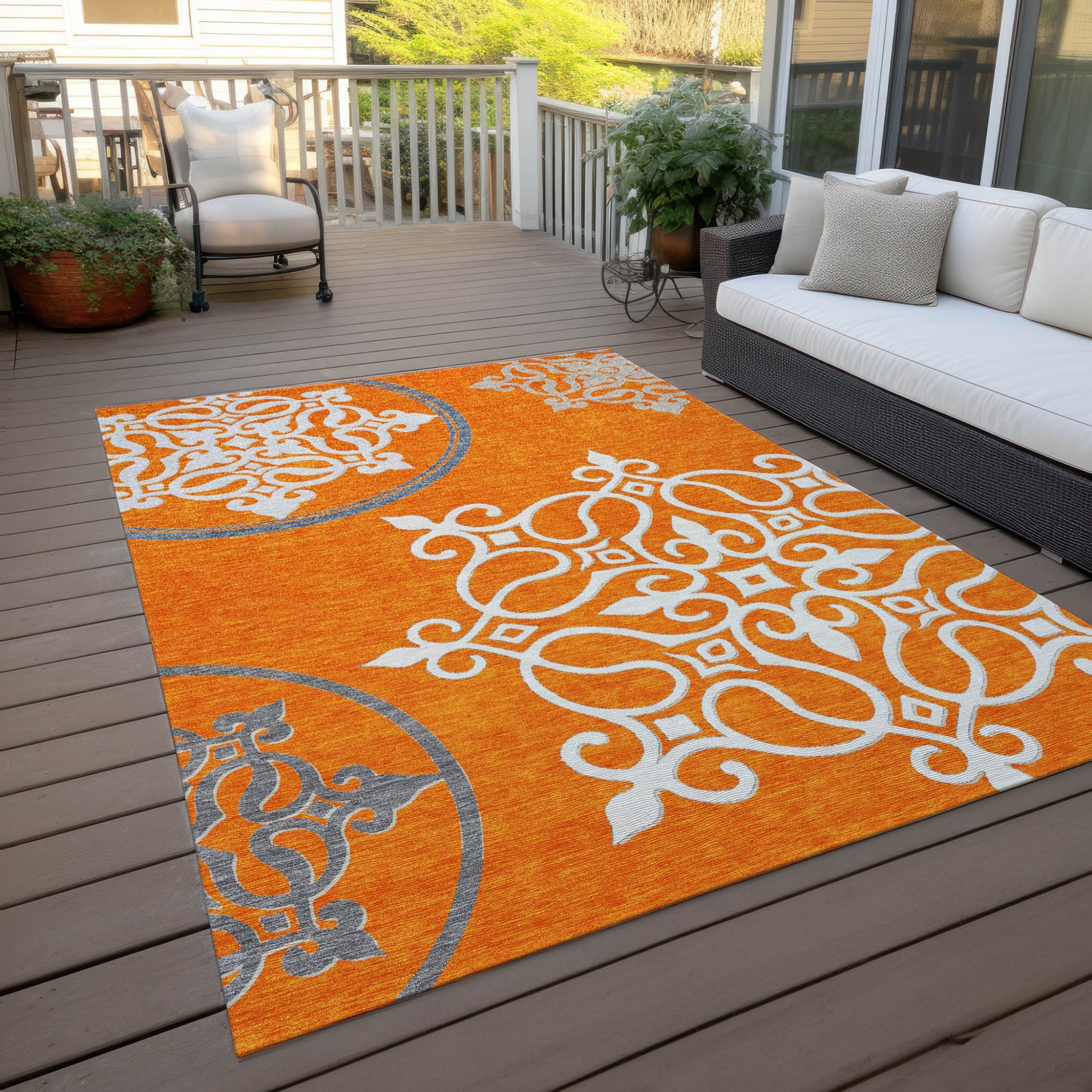 5' X 8' Orange Gray And Ivory Floral Medallion Washable Indoor Outdoor Area Rug-6