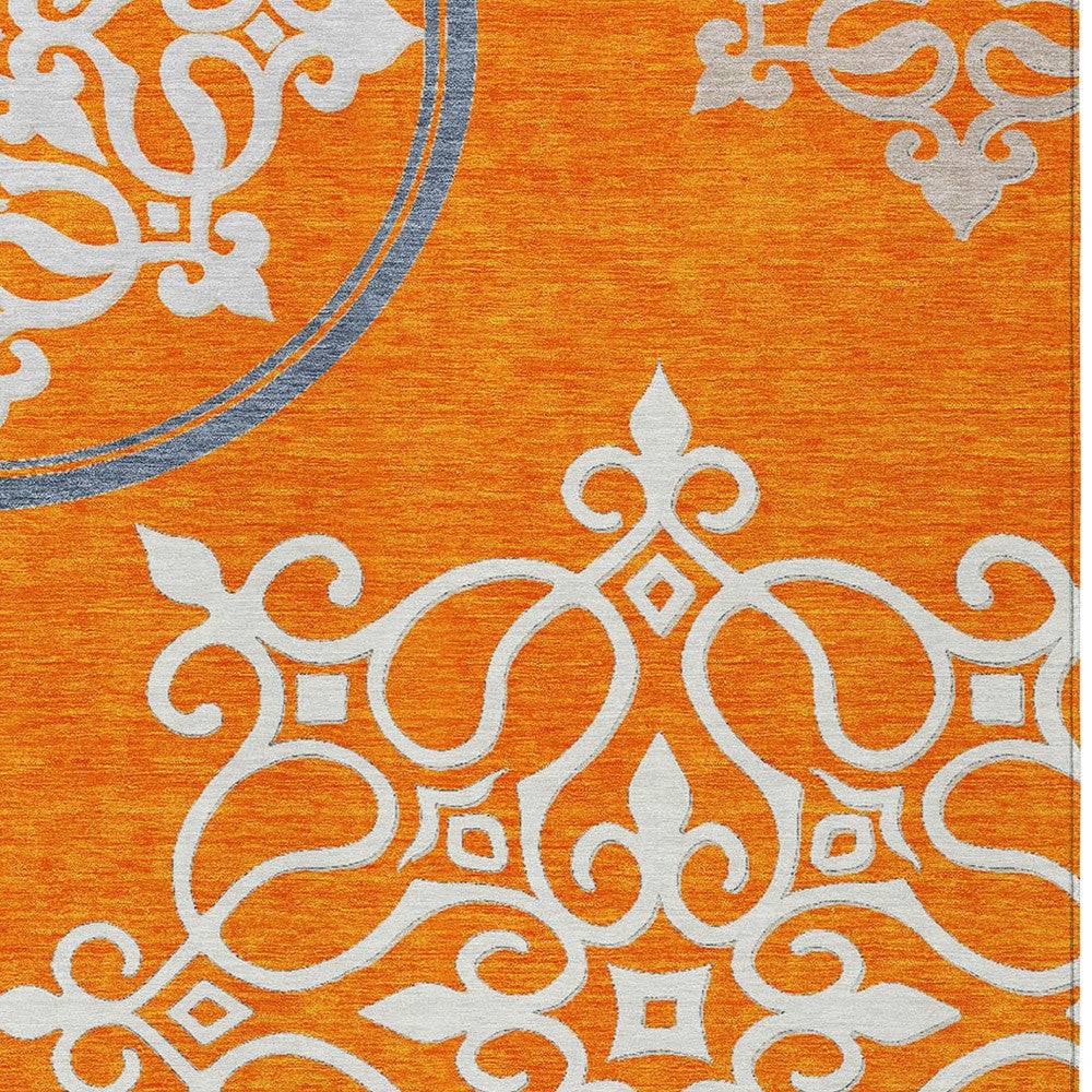 5' X 8' Orange Gray And Ivory Floral Medallion Washable Indoor Outdoor Area Rug-3