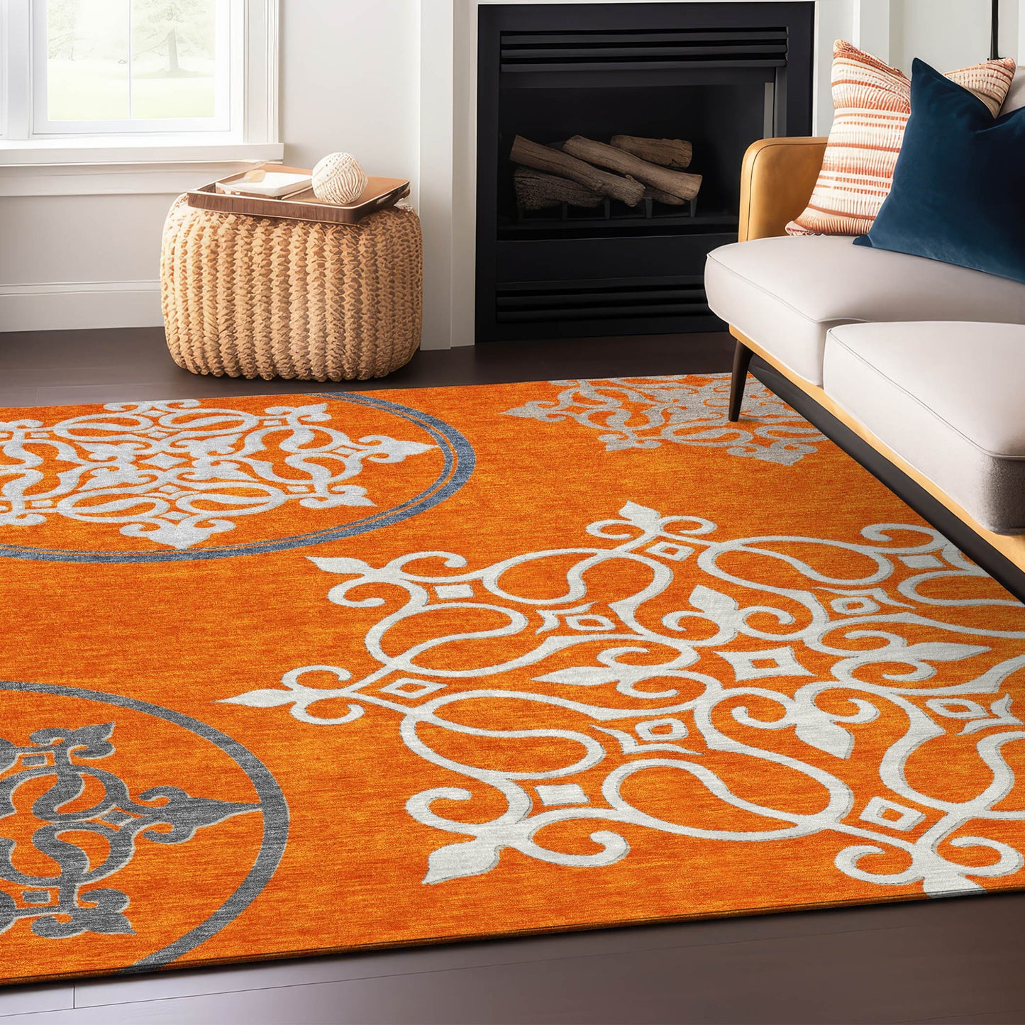 5' X 8' Orange Gray And Ivory Floral Medallion Washable Indoor Outdoor Area Rug-5