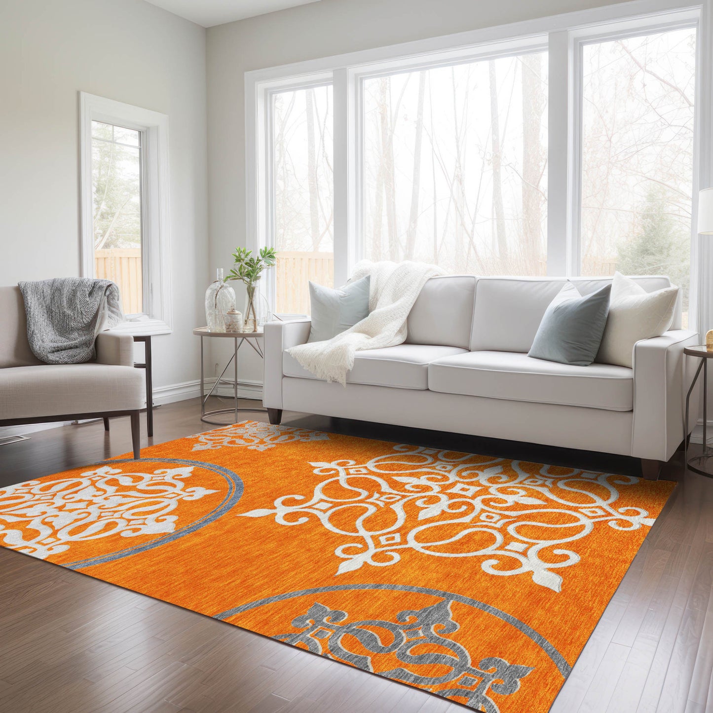 5' X 8' Orange Gray And Ivory Floral Medallion Washable Indoor Outdoor Area Rug-7