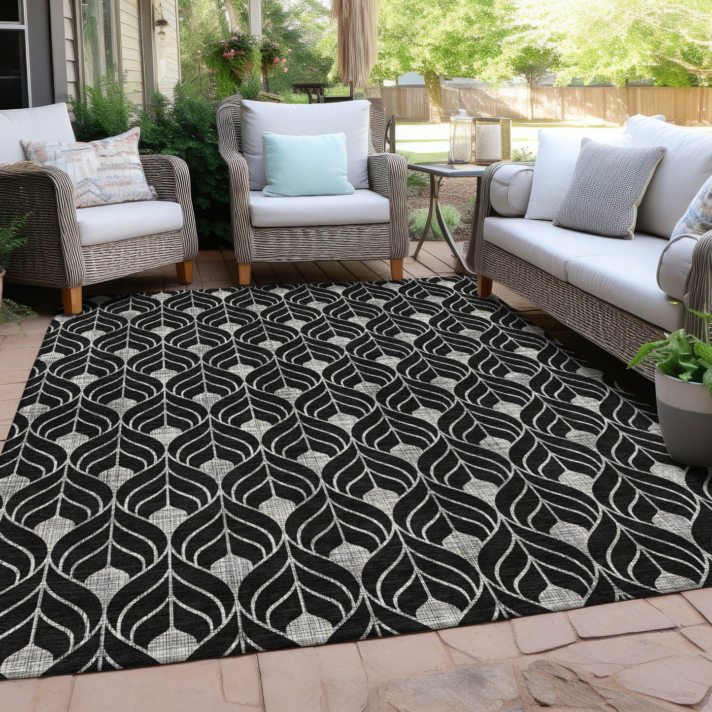 3' X 5' Black And Ivory Geometric Washable Indoor Outdoor Area Rug-6
