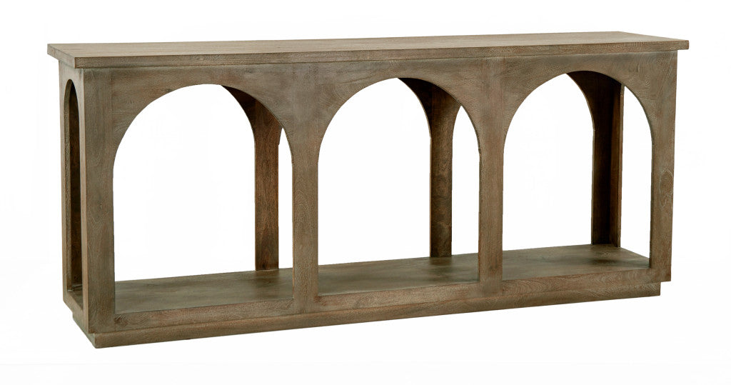 77" Brown Solid Wood Distressed Console Table With Arch Detailing-2