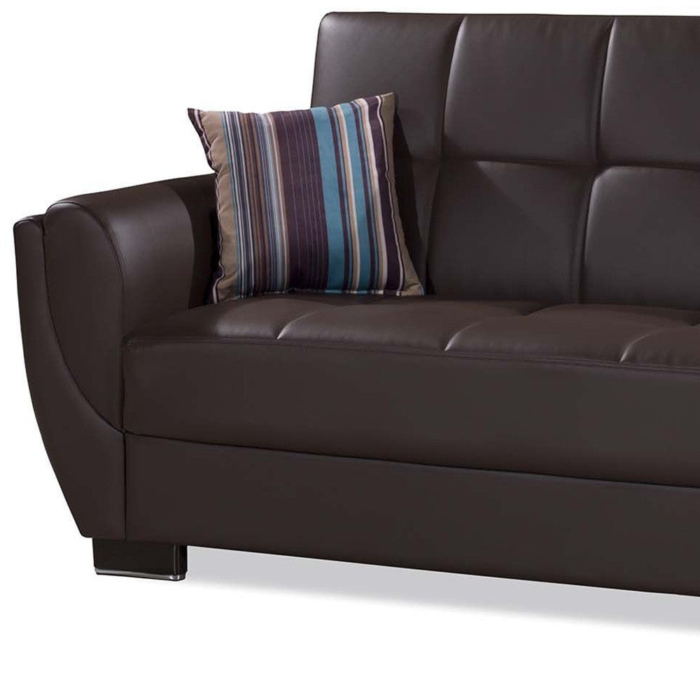93" Brown Faux Leather Convertible Futon Sleeper Sofa And Toss Pillows With Storage-8