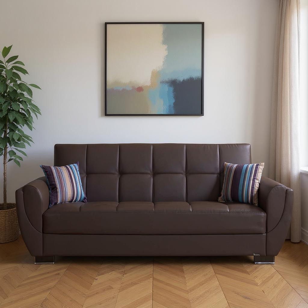 93" Brown Faux Leather Convertible Futon Sleeper Sofa And Toss Pillows With Storage-0