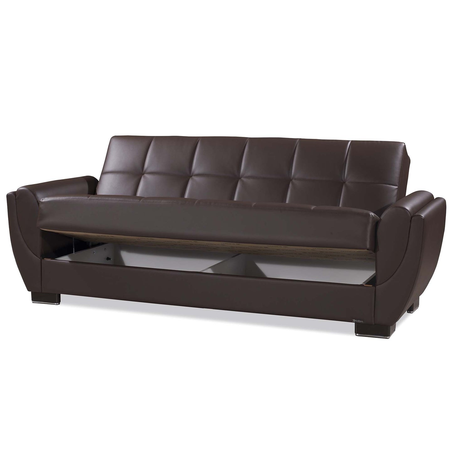 93" Brown Faux Leather Convertible Futon Sleeper Sofa And Toss Pillows With Storage-2