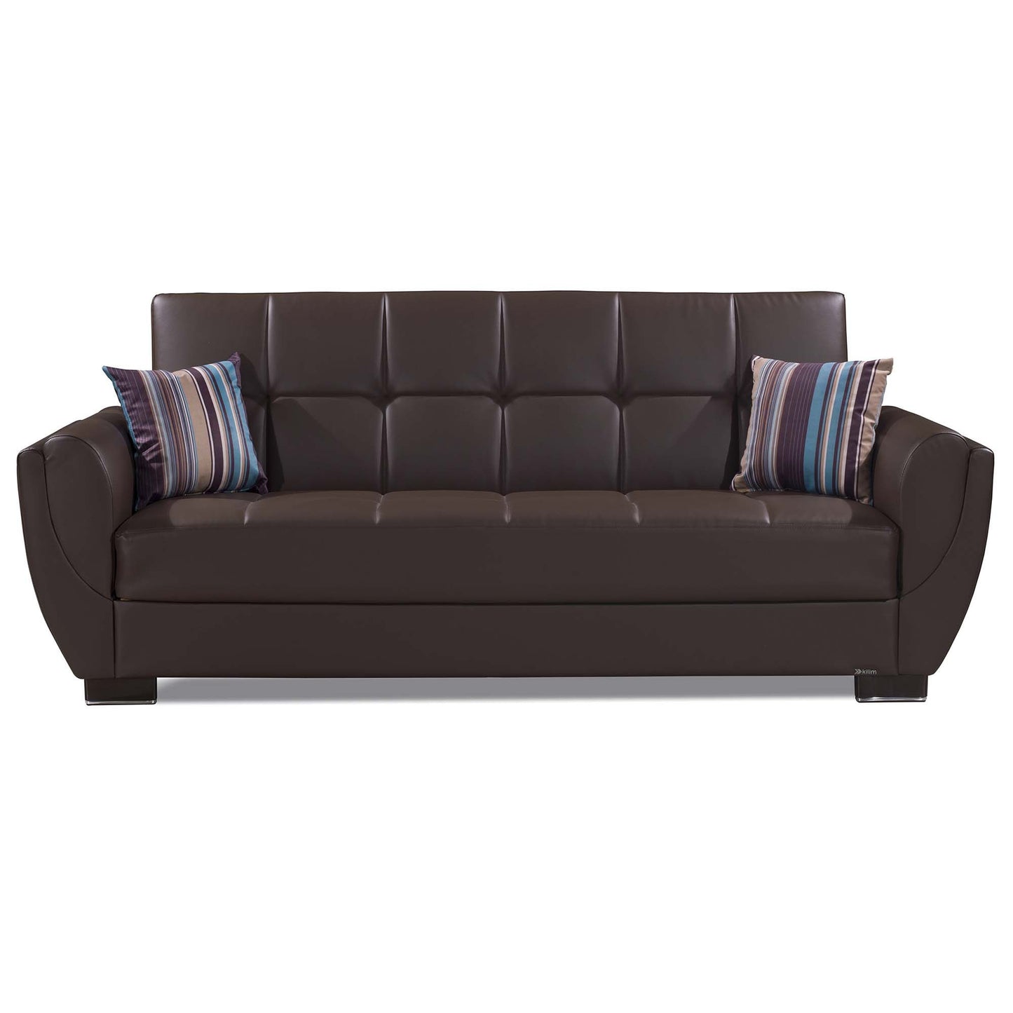 93" Brown Faux Leather Convertible Futon Sleeper Sofa And Toss Pillows With Storage-4