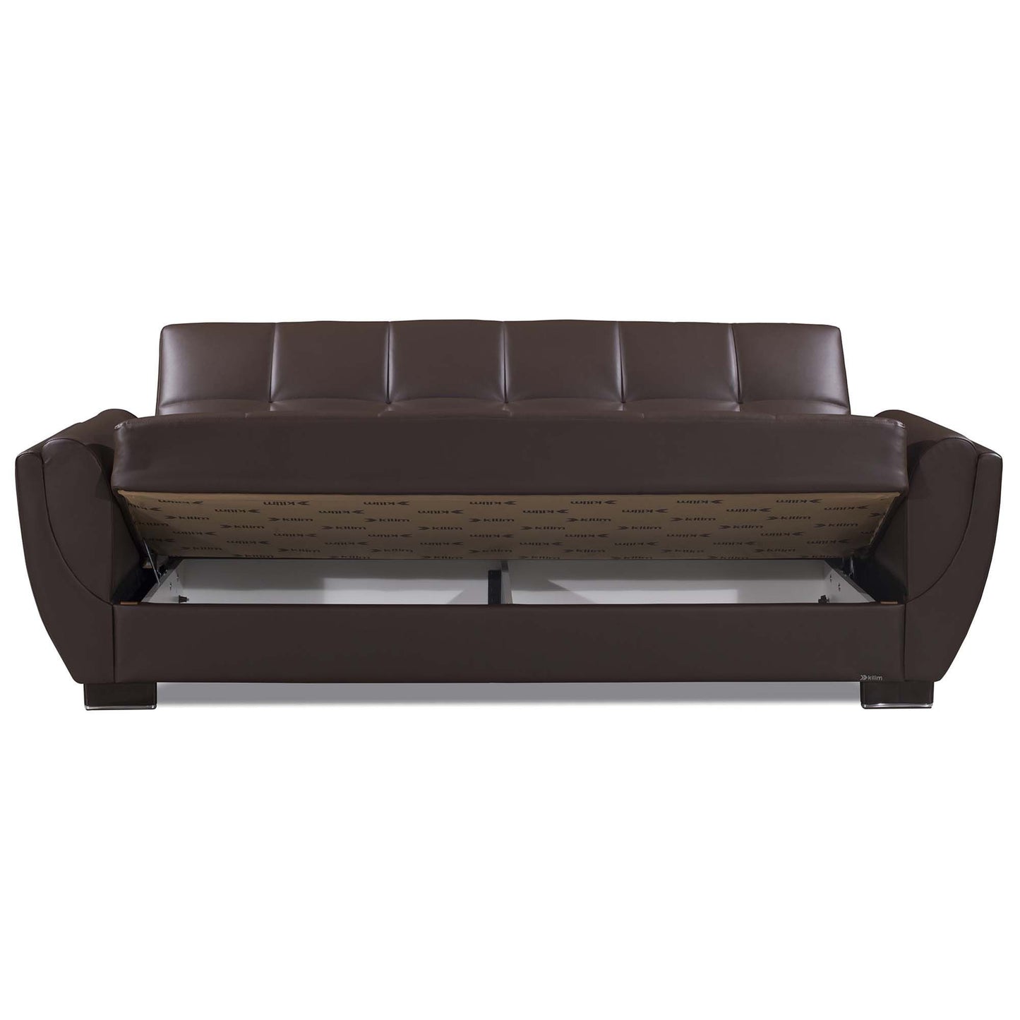 93" Brown Faux Leather Convertible Futon Sleeper Sofa And Toss Pillows With Storage-5