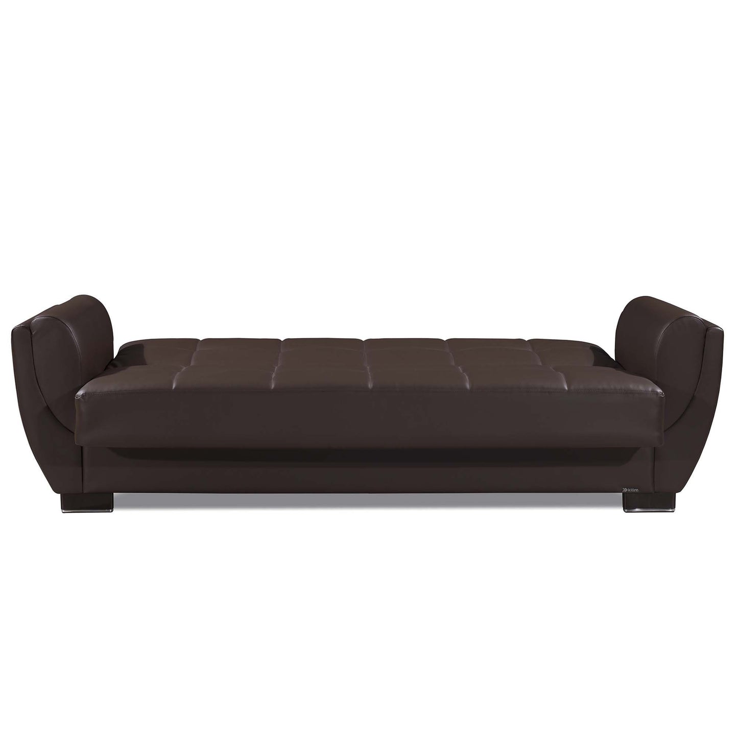 93" Brown Faux Leather Convertible Futon Sleeper Sofa And Toss Pillows With Storage-6