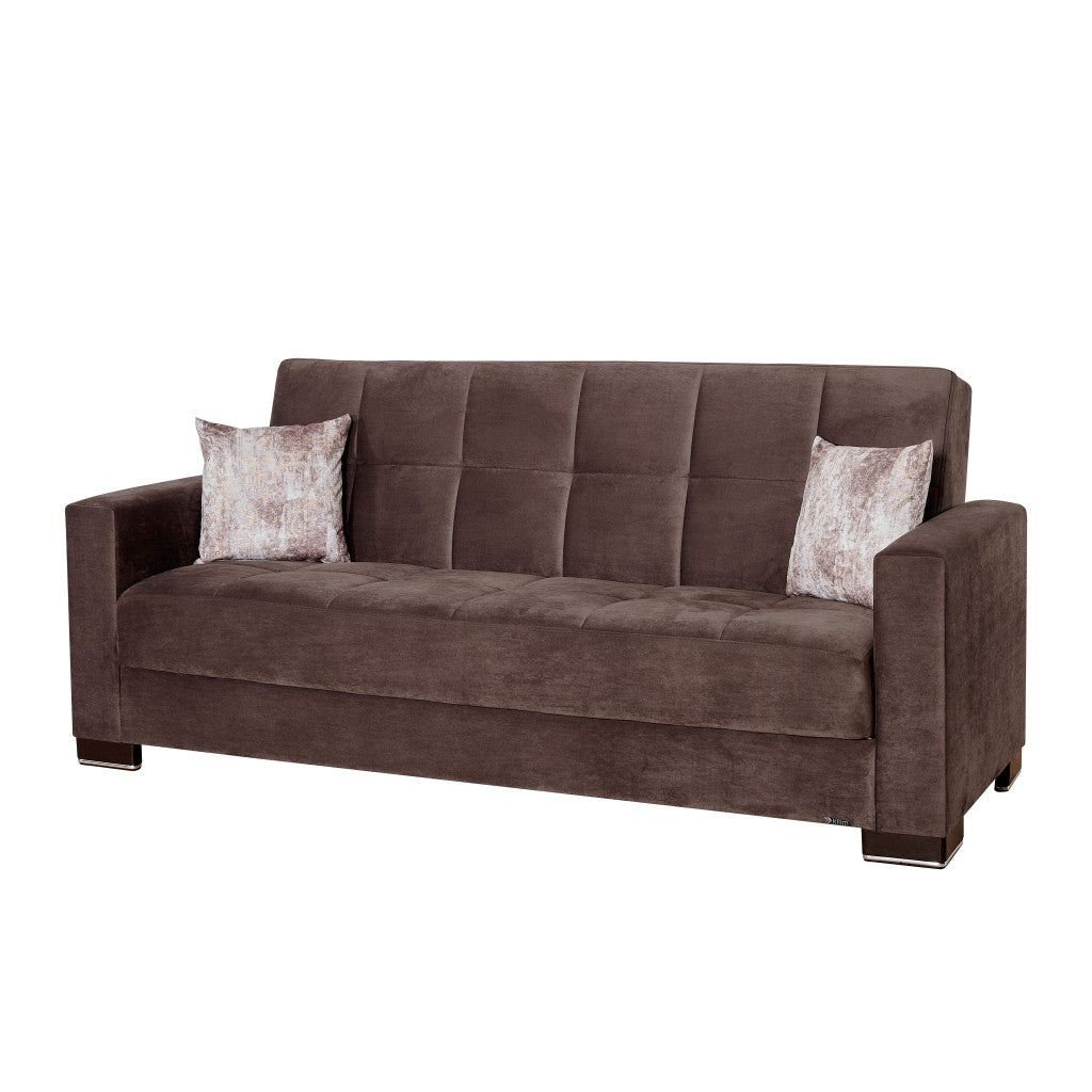 87" Brown Microfiber Convertible Futon Sleeper Sofa And Toss Pillows With Storage-1