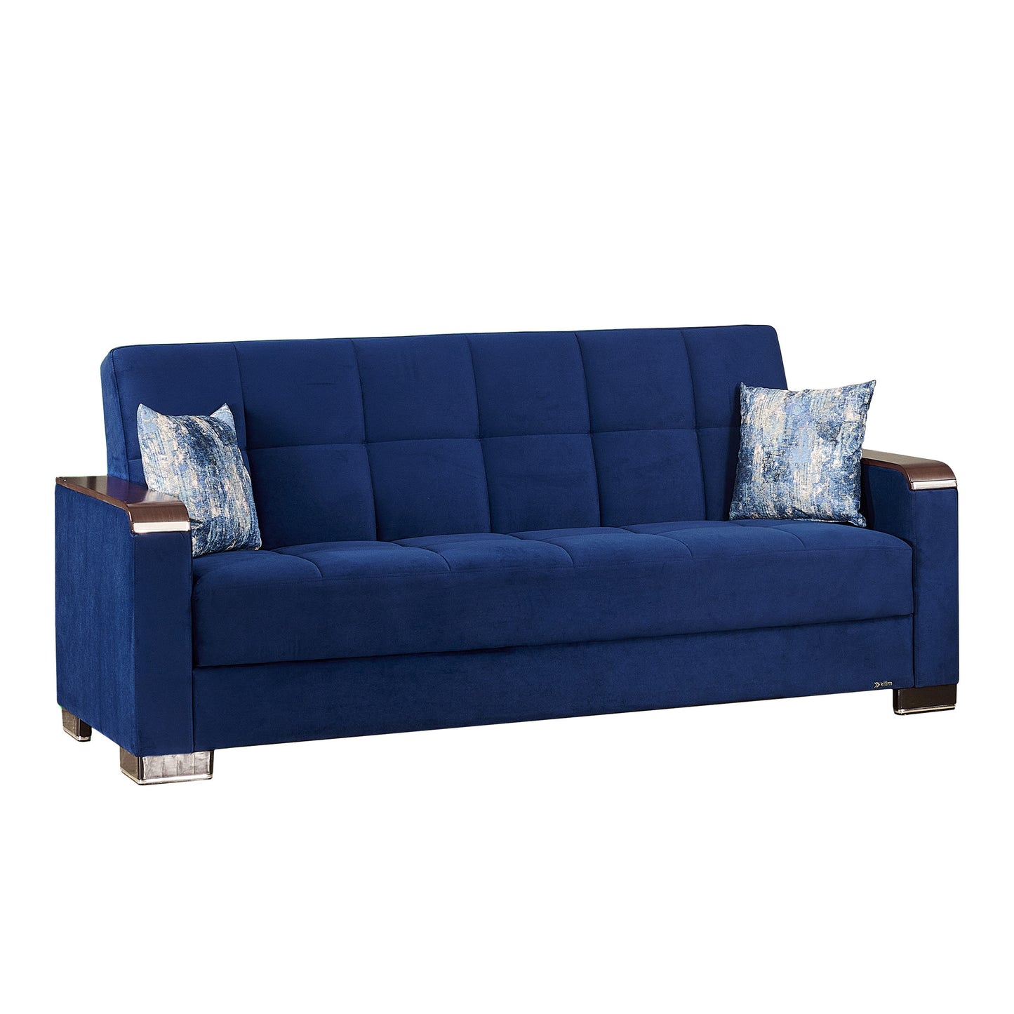 87" Blue Microfiber Convertible Futon Sleeper Sofa And Toss Pillows With Storage-1