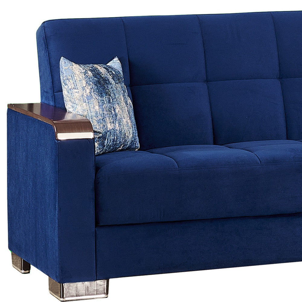 87" Blue Microfiber Convertible Futon Sleeper Sofa And Toss Pillows With Storage-2