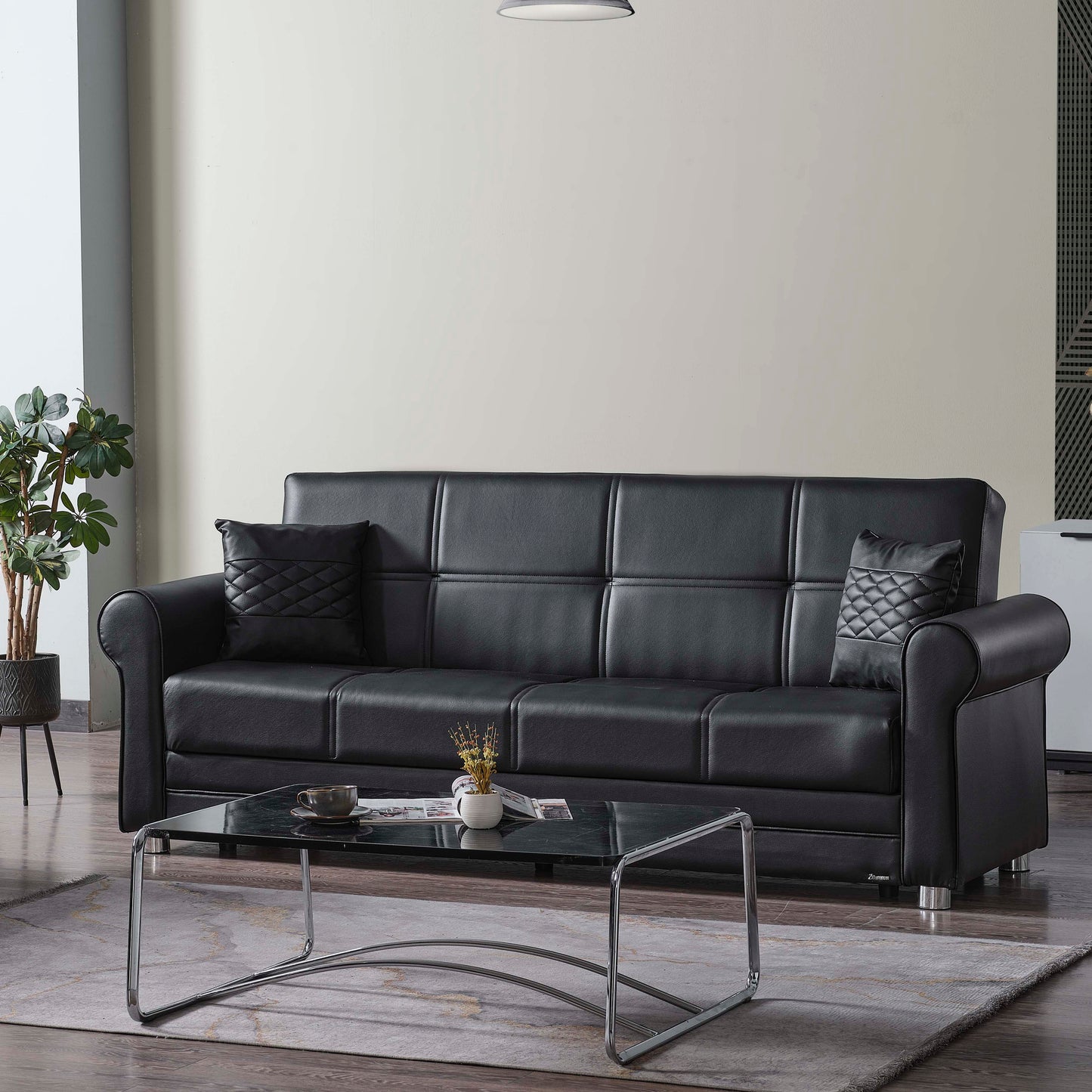 89" Black Faux Leather Convertible Futon Sleeper Sofa And Toss Pillows With Storage-6