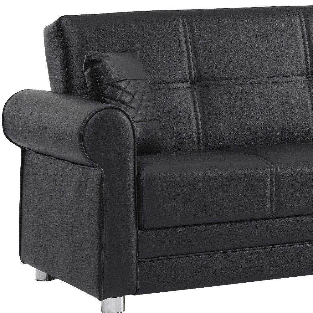 89" Black Faux Leather Convertible Futon Sleeper Sofa And Toss Pillows With Storage-4