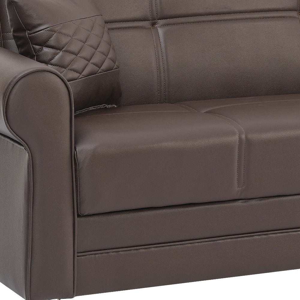 89" Brown Faux Leather Convertible Futon Sleeper Sofa And Toss Pillows With Storage-5