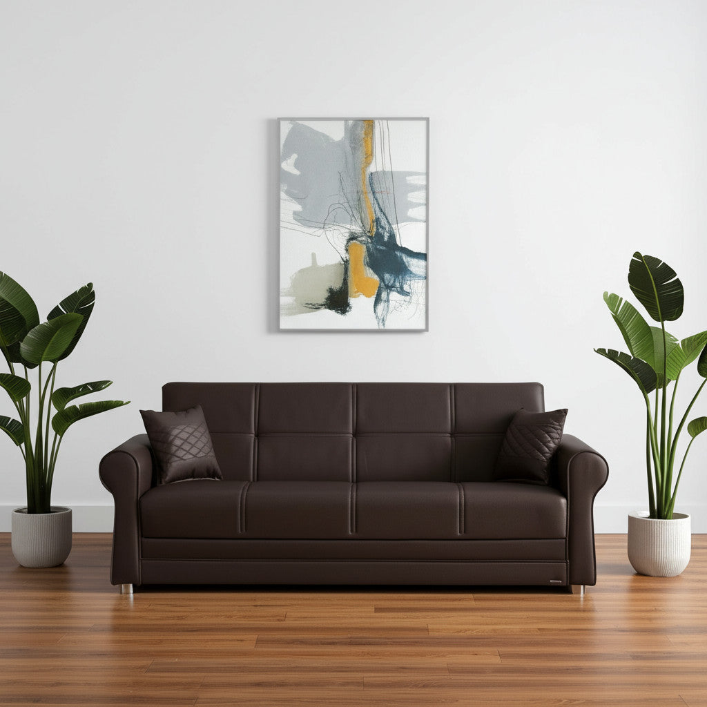 89" Brown Faux Leather Convertible Futon Sleeper Sofa And Toss Pillows With Storage-0