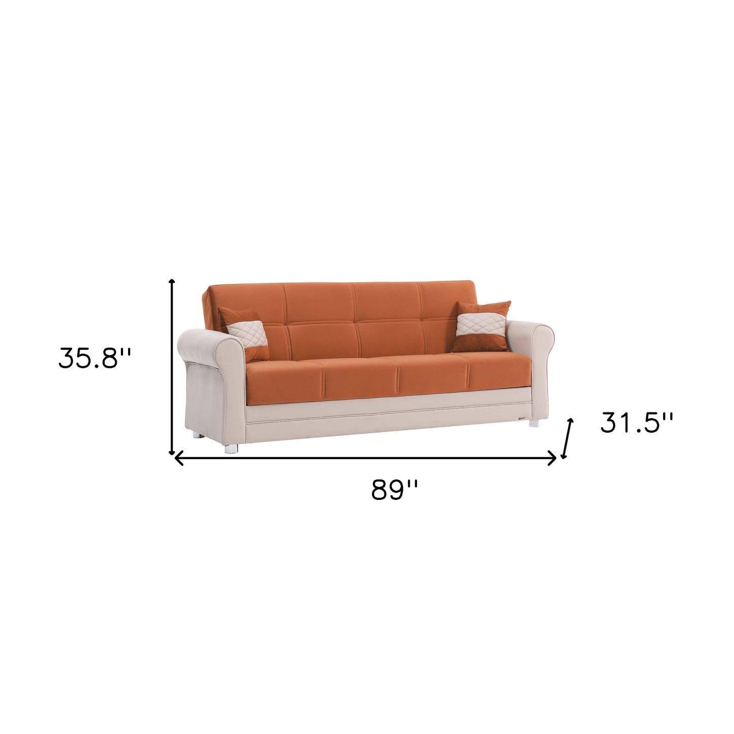 89" Orange Polyester Convertible Futon Sleeper Sofa And Toss Pillows With Storage-7