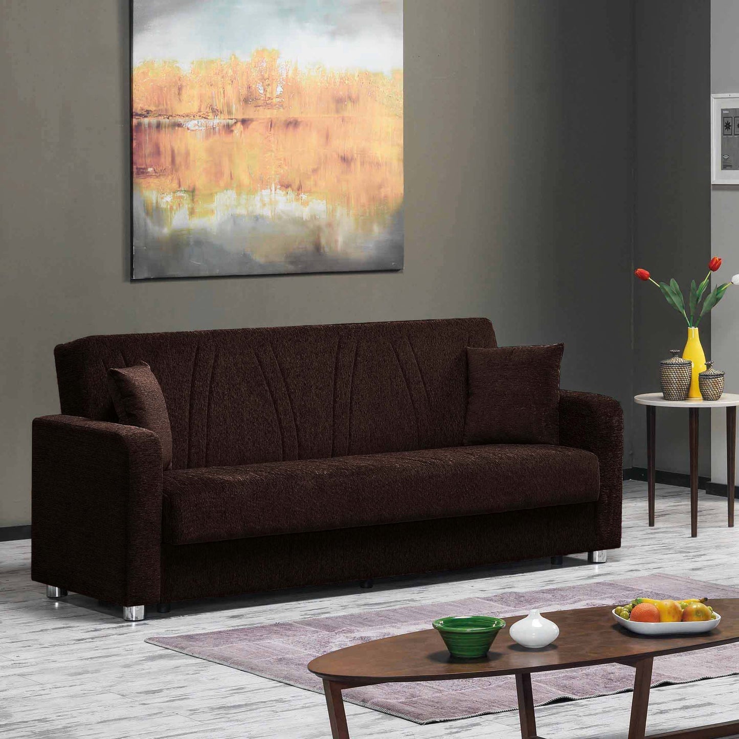 87" Dark Brown Chenille Convertible Futon Sleeper Sofa And Toss Pillows With Storage-6