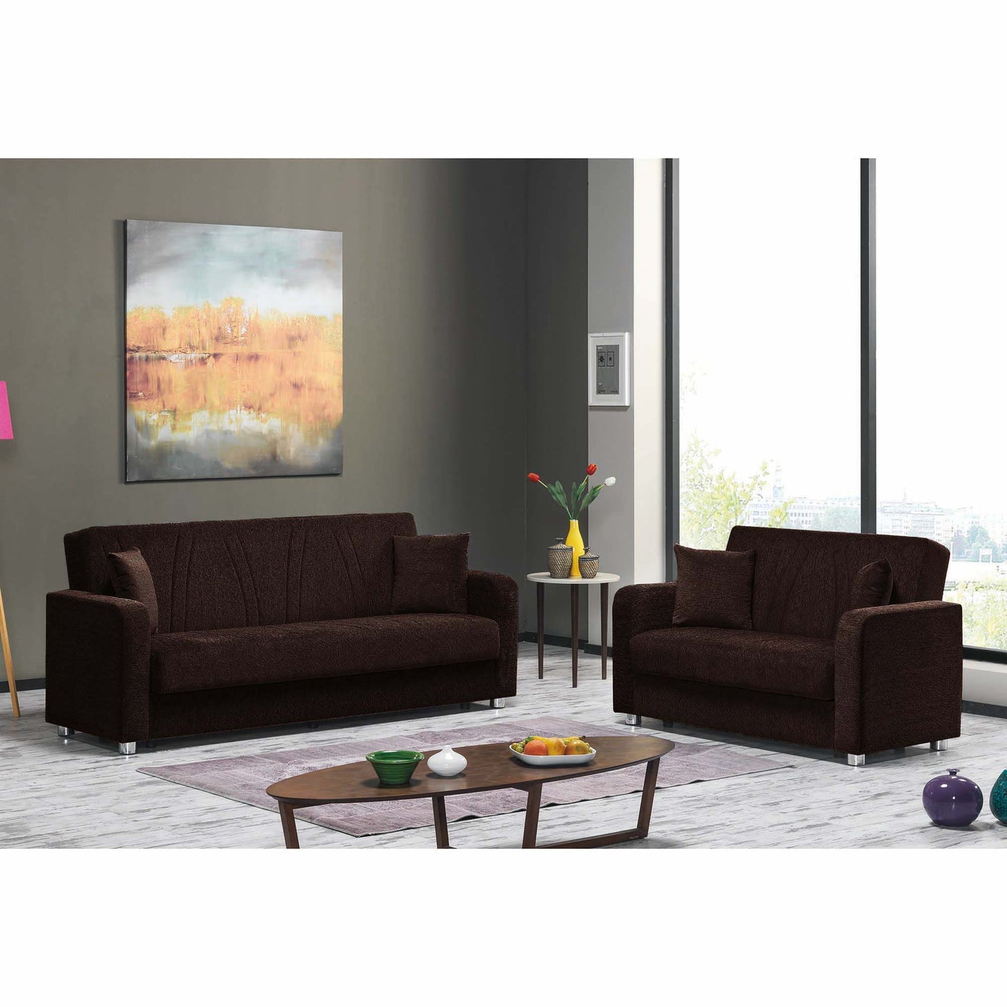 87" Dark Brown Chenille Convertible Futon Sleeper Sofa And Toss Pillows With Storage-7