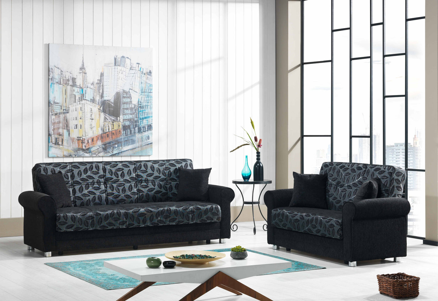 89" Black Chenille Convertible Futon Sleeper Sofa And Toss Pillows With Storage-6