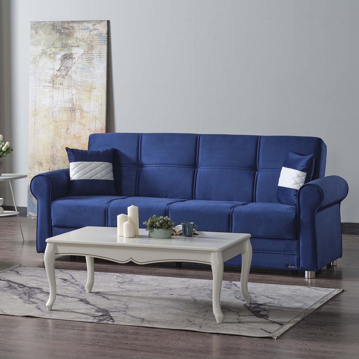89" Blue Microfiber Convertible Futon Sleeper Sofa And Toss Pillows With Storage-6