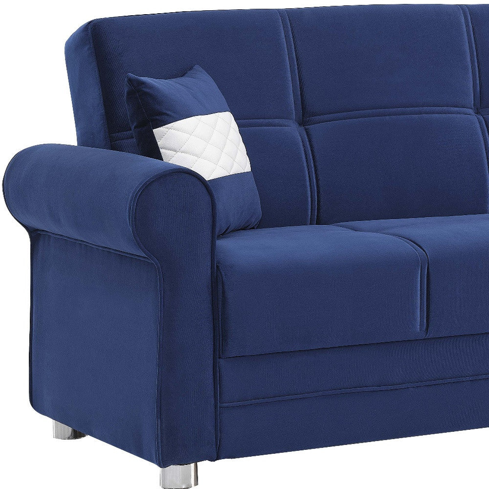89" Blue Microfiber Convertible Futon Sleeper Sofa And Toss Pillows With Storage-4