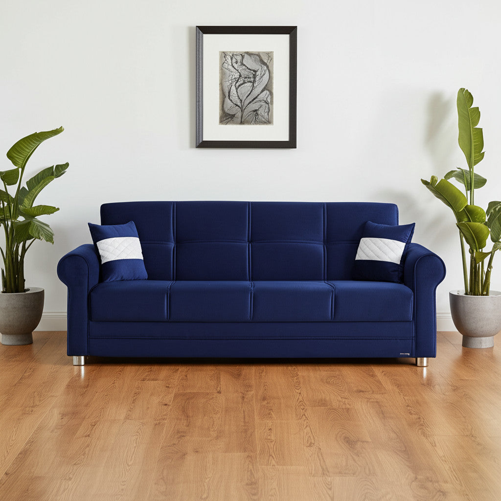 89" Blue Microfiber Convertible Futon Sleeper Sofa And Toss Pillows With Storage-0