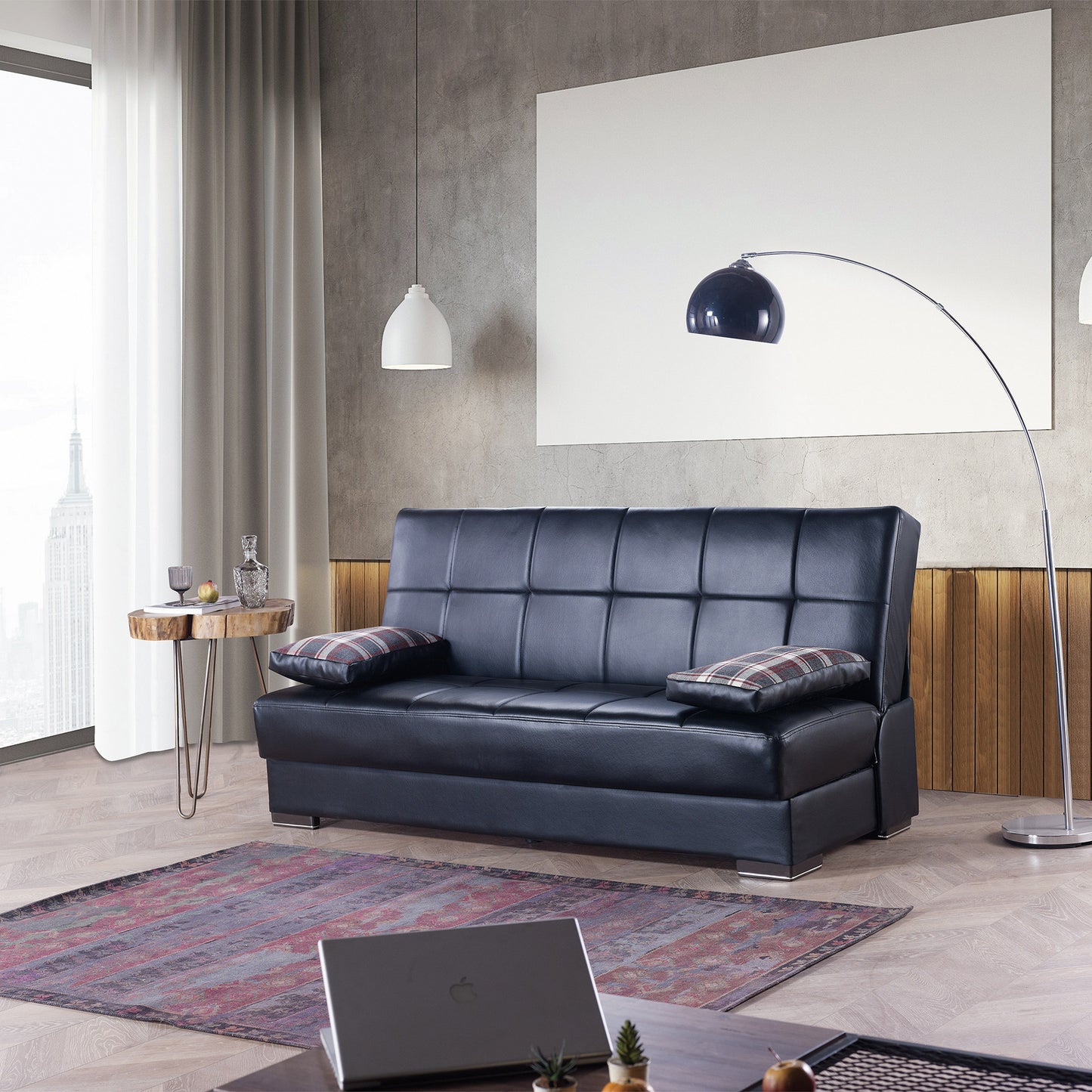 75" Black Faux Leather Convertible Futon Sleeper Sofa And Toss Pillows With Storage-6