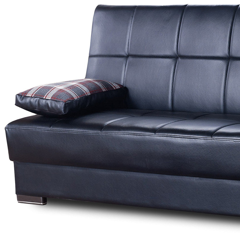75" Black Faux Leather Convertible Futon Sleeper Sofa And Toss Pillows With Storage-5