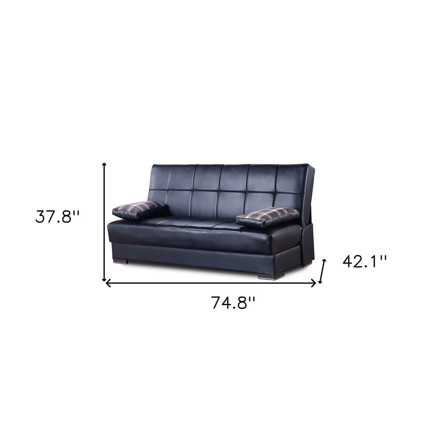 75" Black Faux Leather Convertible Futon Sleeper Sofa And Toss Pillows With Storage-7