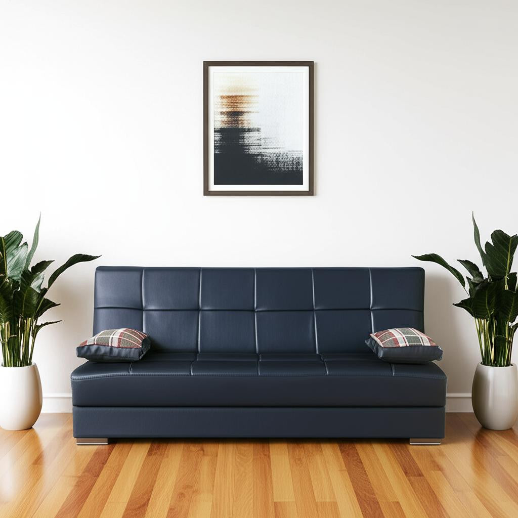 75" Black Faux Leather Convertible Futon Sleeper Sofa And Toss Pillows With Storage-0