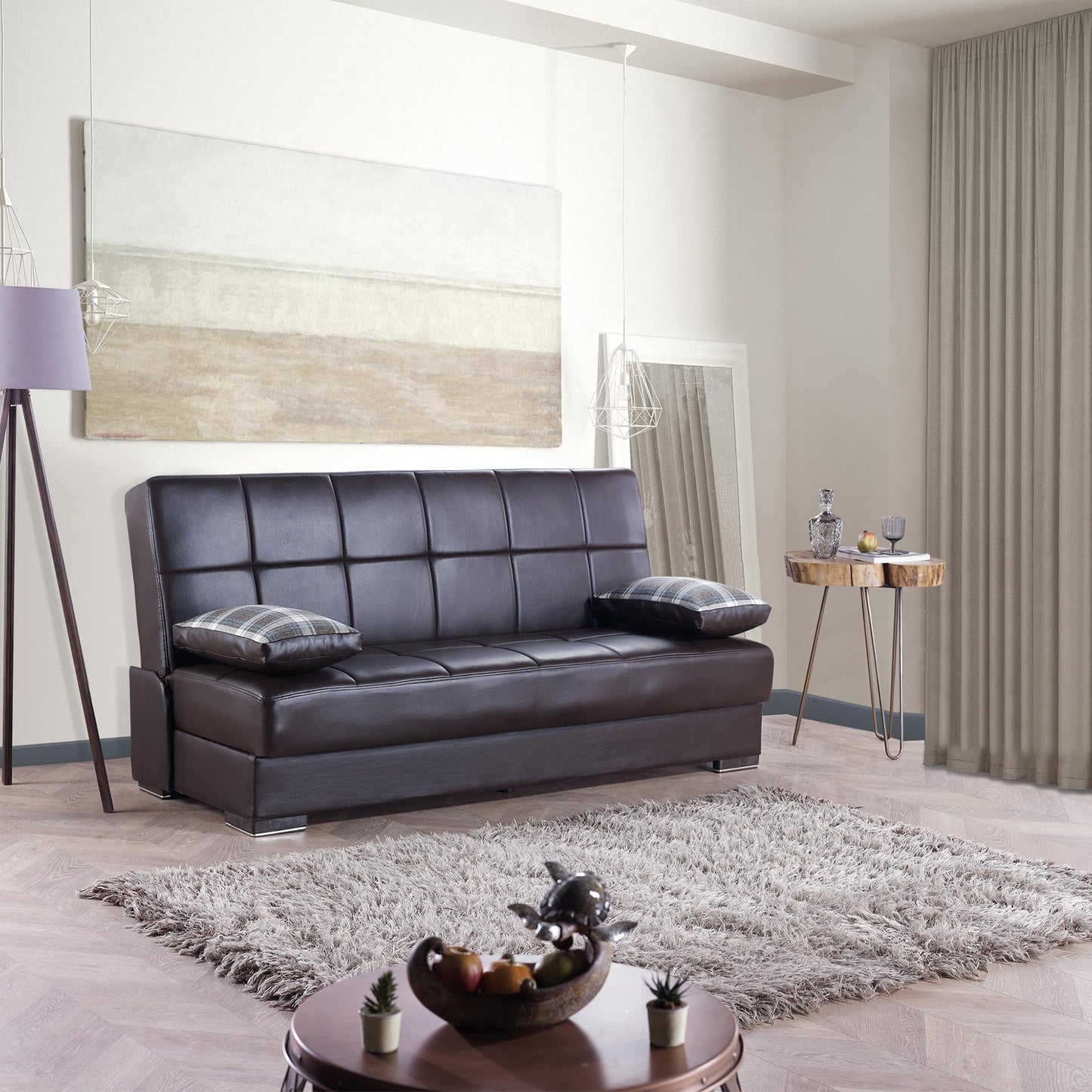75" Brown Faux Leather Convertible Futon Sleeper Sofa And Toss Pillows With Storage-7