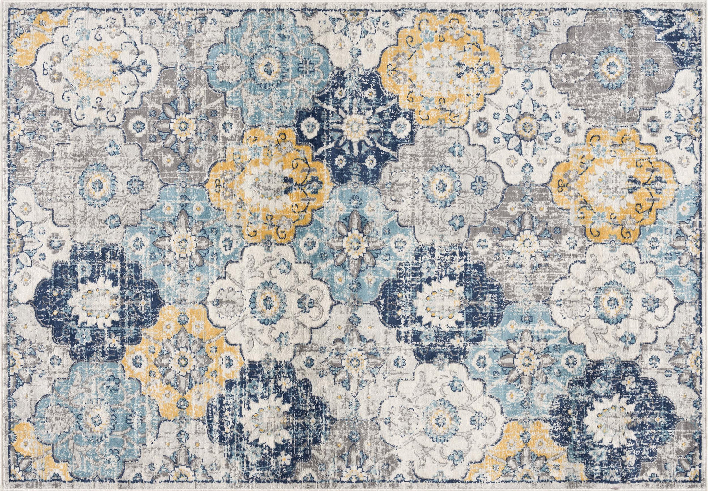 2' X 3' Blue Gray And Gold Floral Medallion Area Rug-1