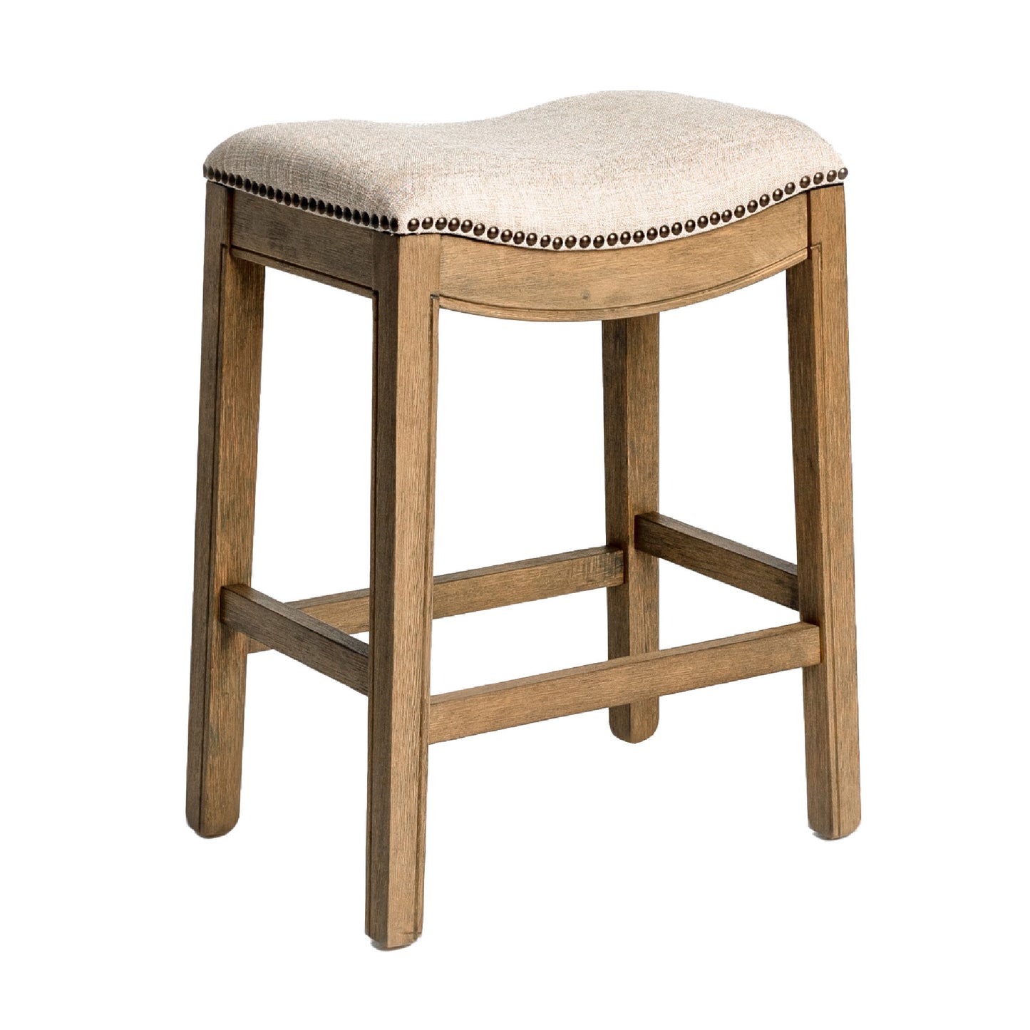 26" Beige and Brown Fabric and Solid Wood Backless Counter Height Bar Chair-2