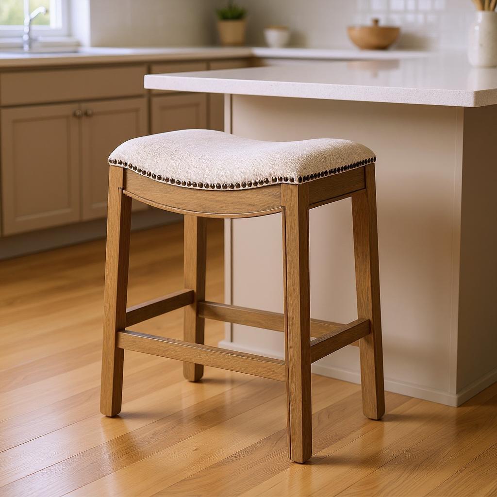 26" Beige and Brown Fabric and Solid Wood Backless Counter Height Bar Chair-0