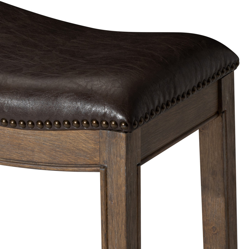 31" Brown Faux Leather and Solid Wood Backless Bar Height Bar Chair-2