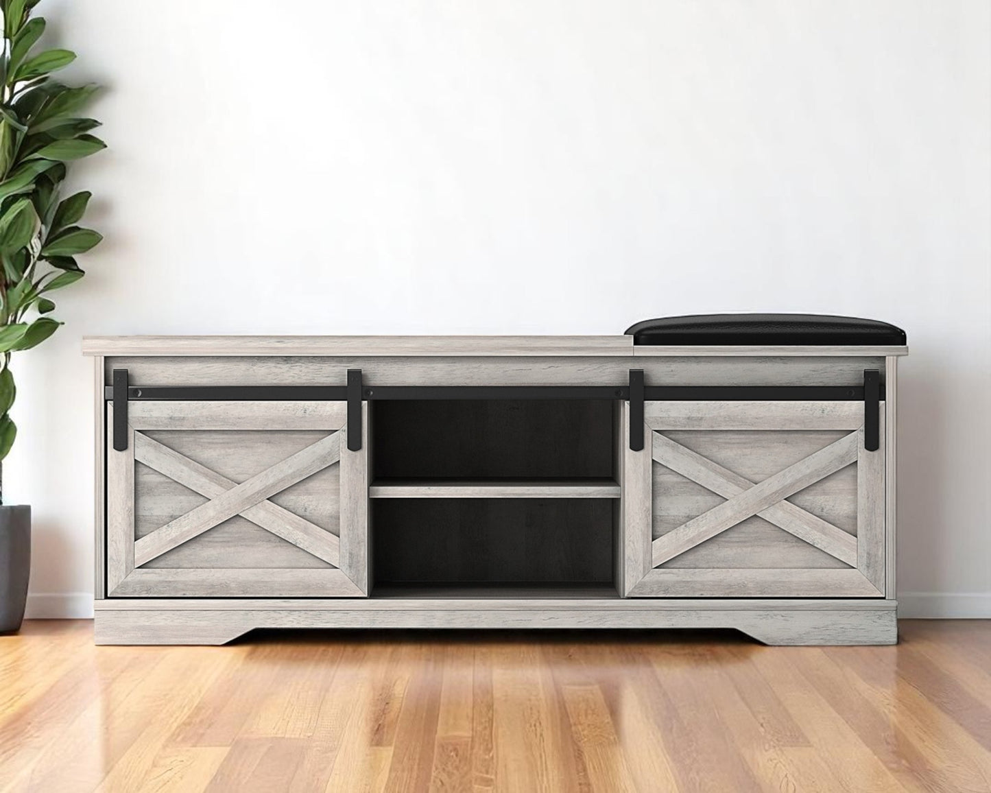 47" Gray And Black Wood And Faux Leather Storage Bench with Shelves-0