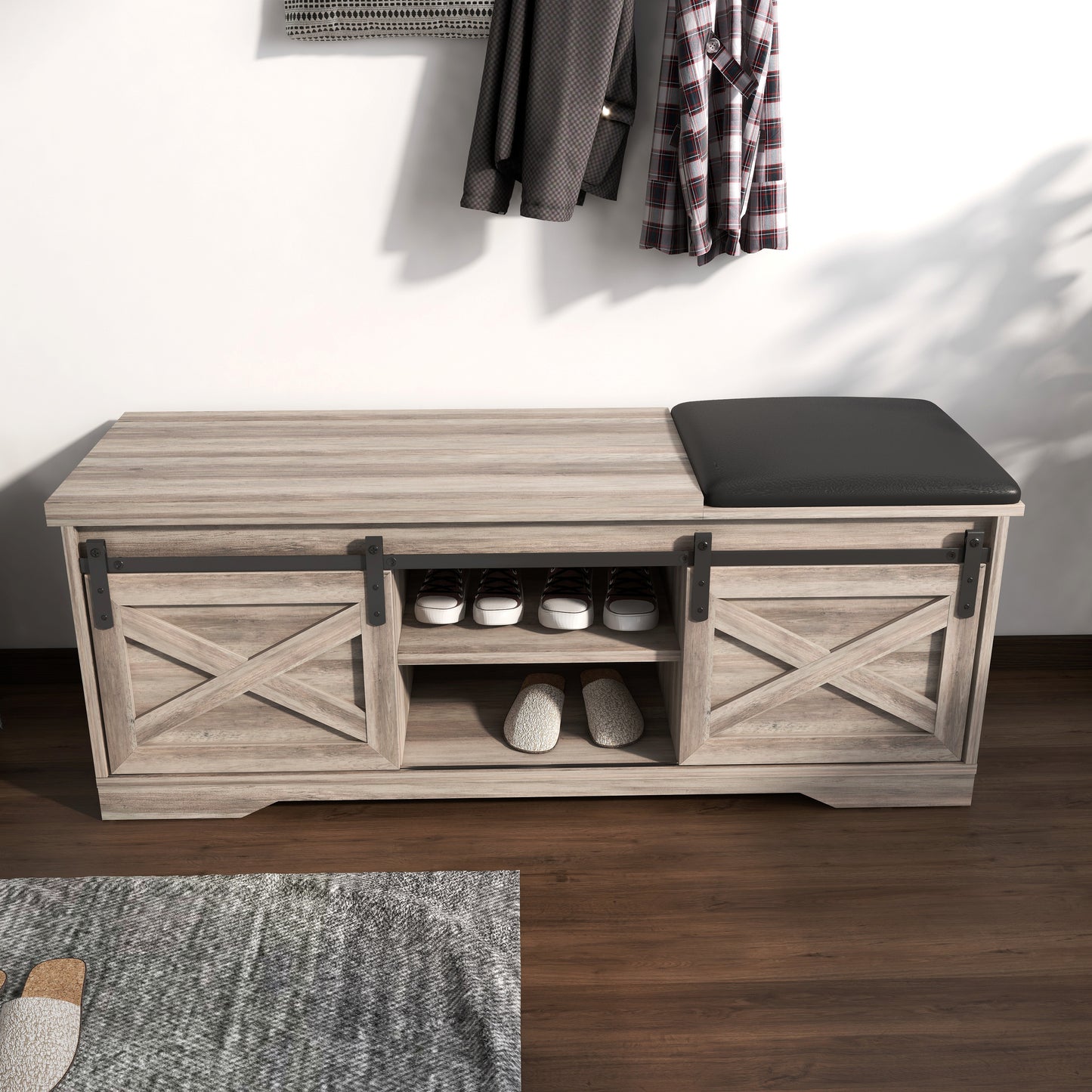 47" Gray And Black Wood And Faux Leather Storage Bench with Shelves-5