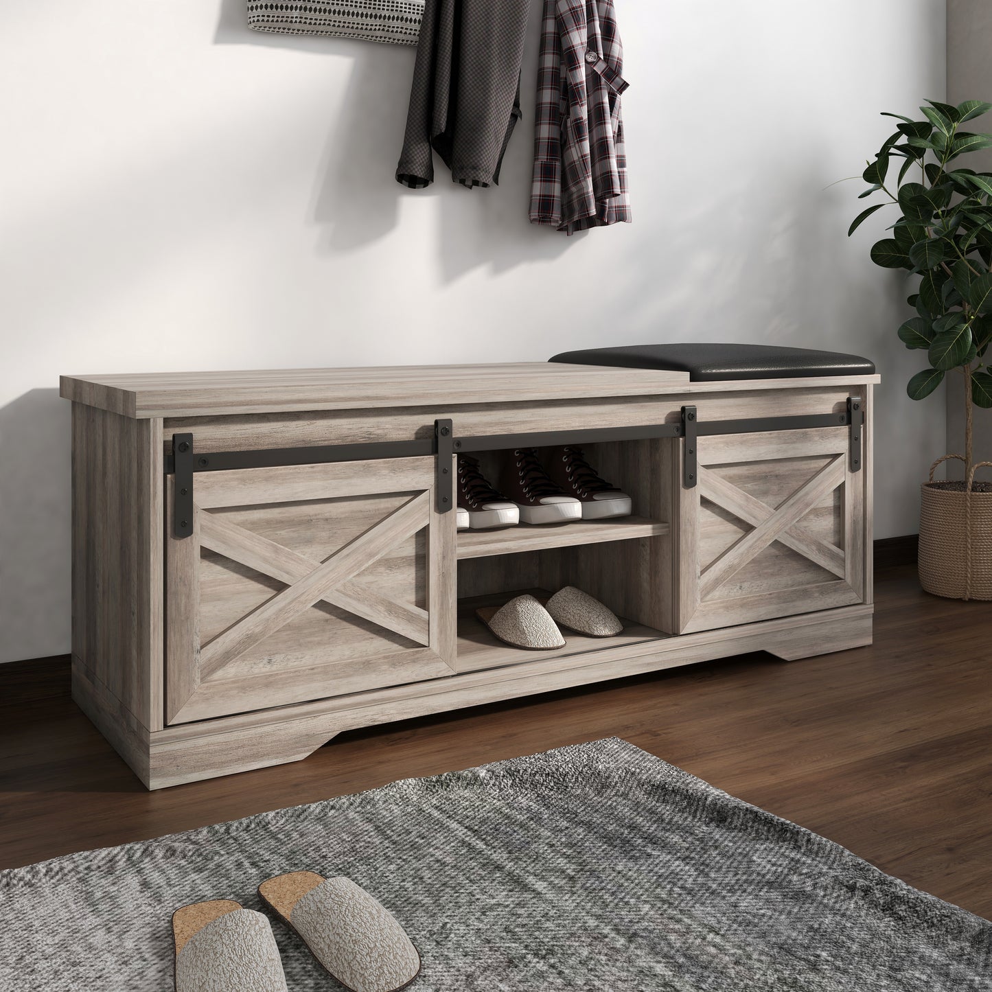47" Gray And Black Wood And Faux Leather Storage Bench with Shelves-6