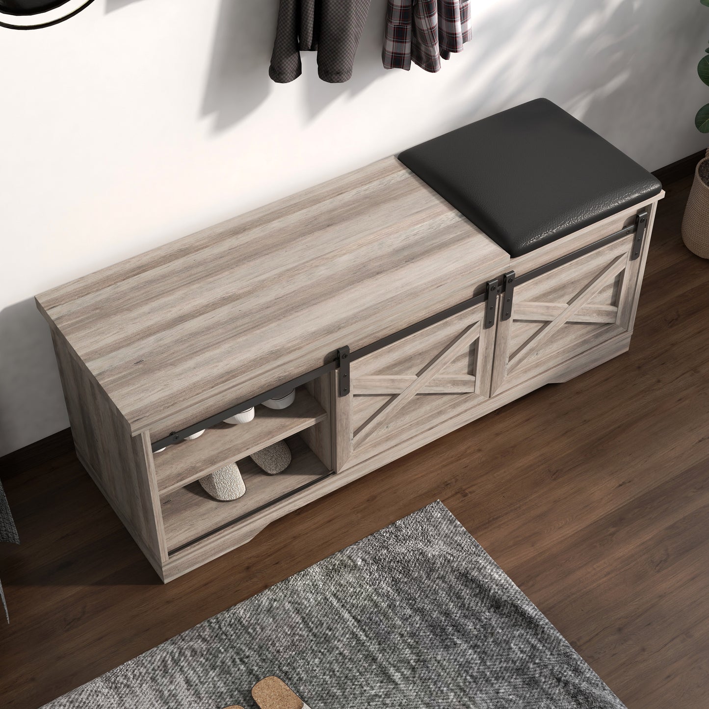47" Gray And Black Wood And Faux Leather Storage Bench with Shelves-7