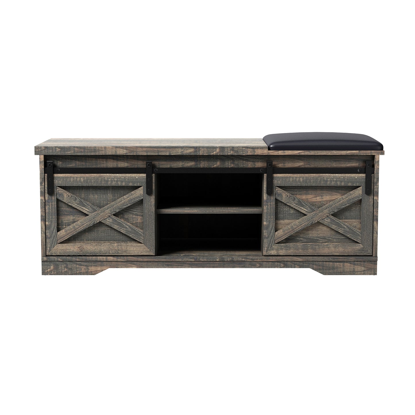 47" Black and Dark Brown Faux Leather and Wood Bench with Shoe Storage And Shelves-1