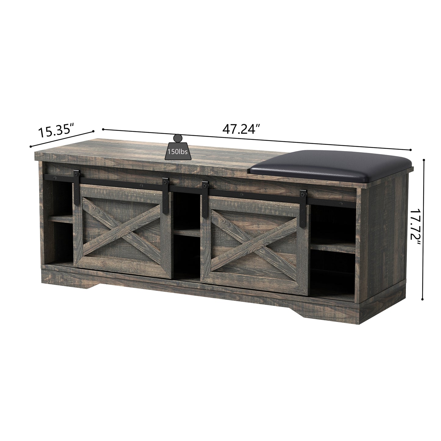 47" Black and Dark Brown Faux Leather and Wood Bench with Shoe Storage And Shelves-7