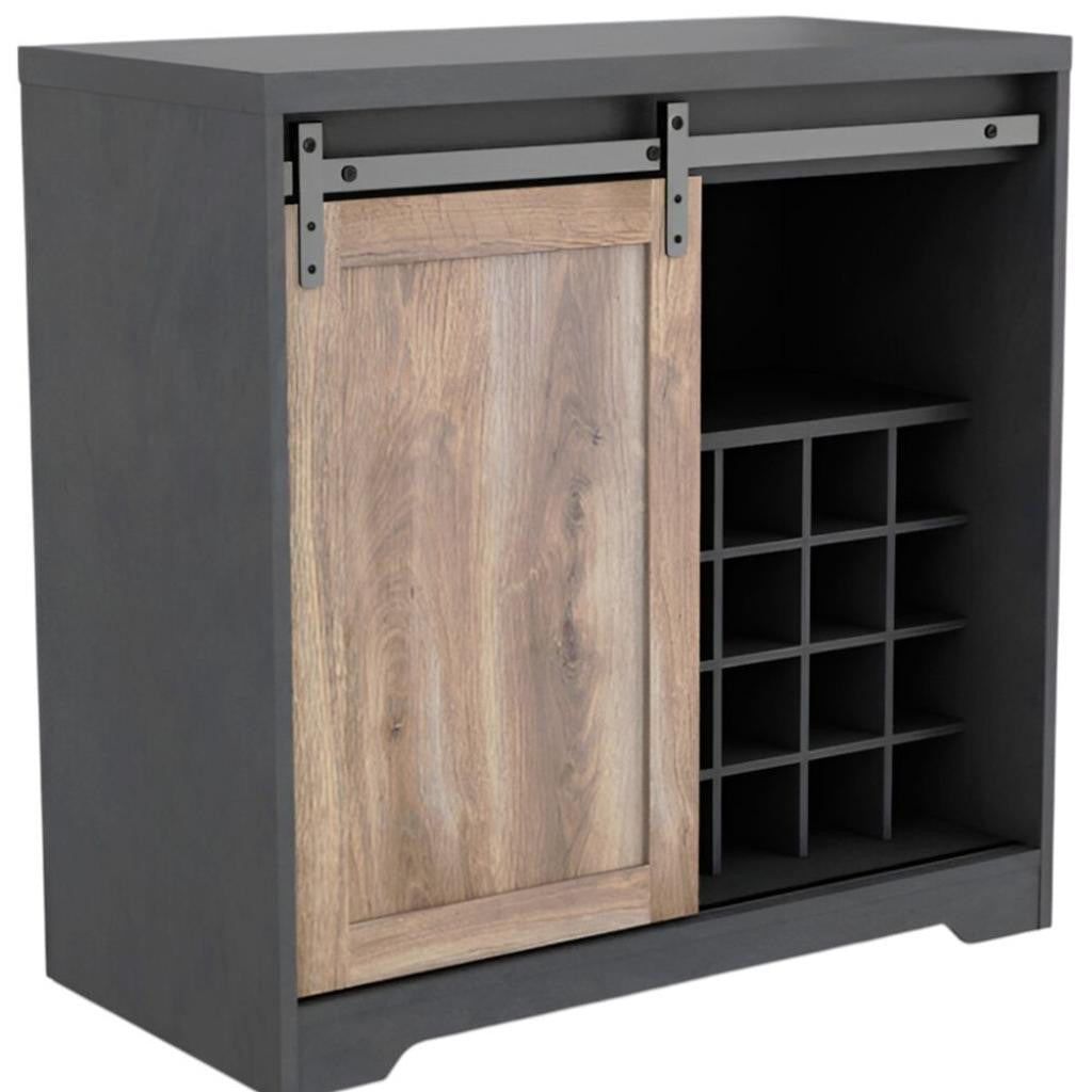 32" Charcoal And Natural Wood Barn Door Bar Cabinet-3