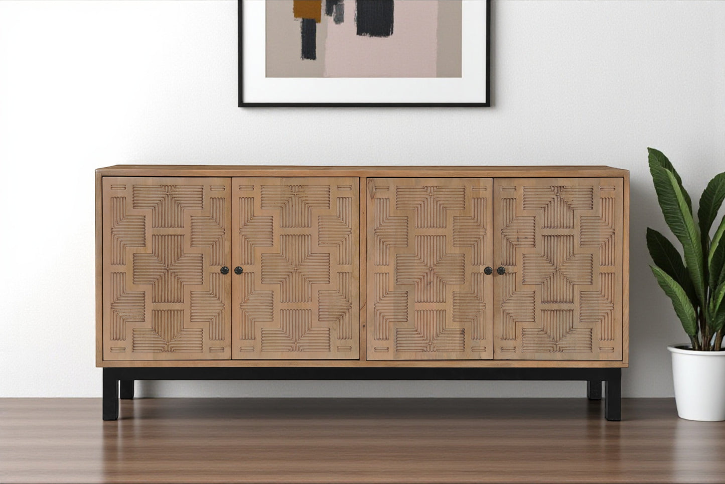 80" Brown Solid Wood Carved Geometric Sideboard with Four Doors-1